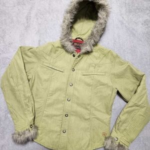 Ariat Green Corduroy Jacket Size M Faux Fur Trim Hooded Western Quilted lining